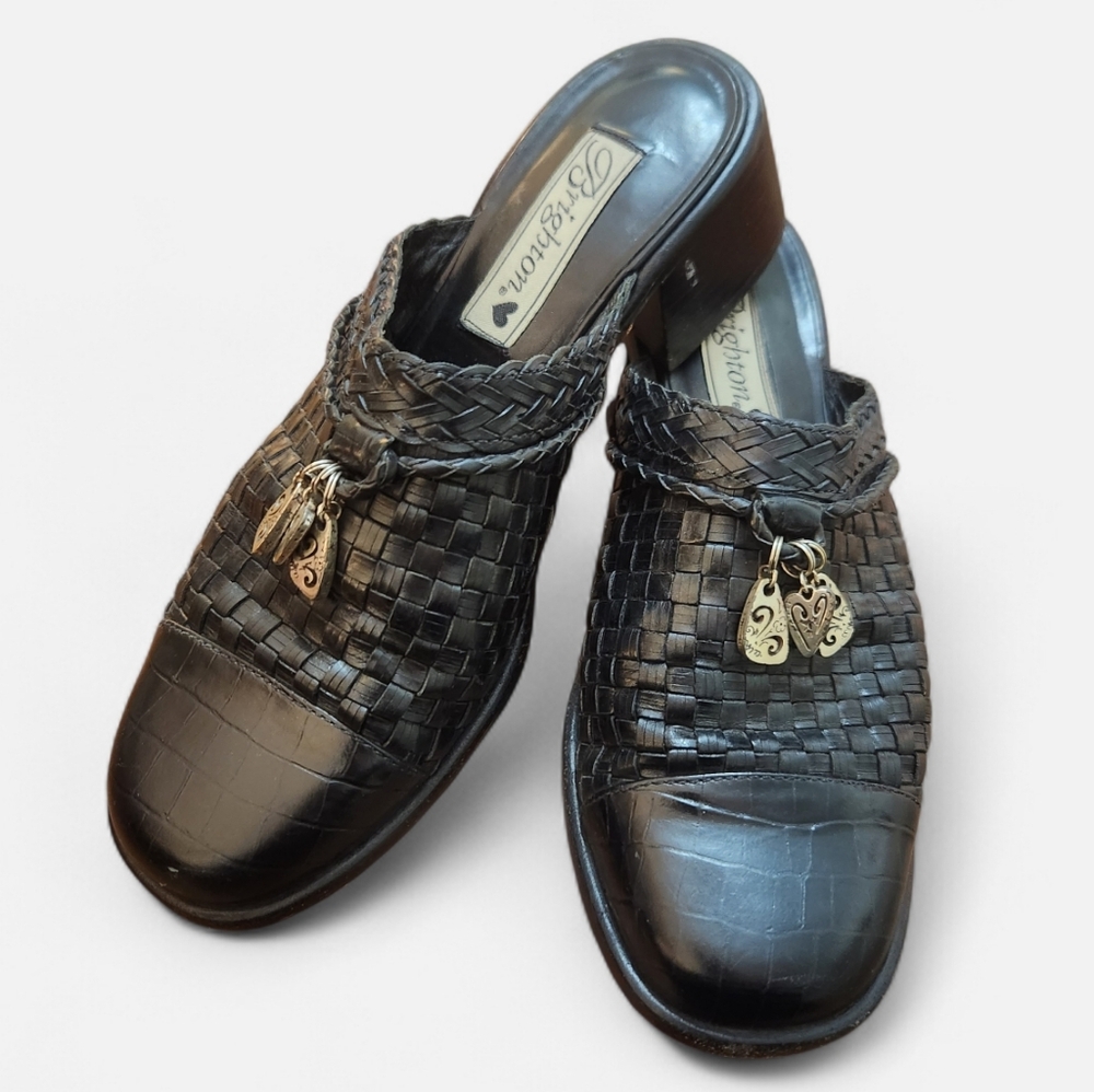 Brighton Vintage Franki Black Basket Weave Leather Heeled Clogs Mules Size 7.5